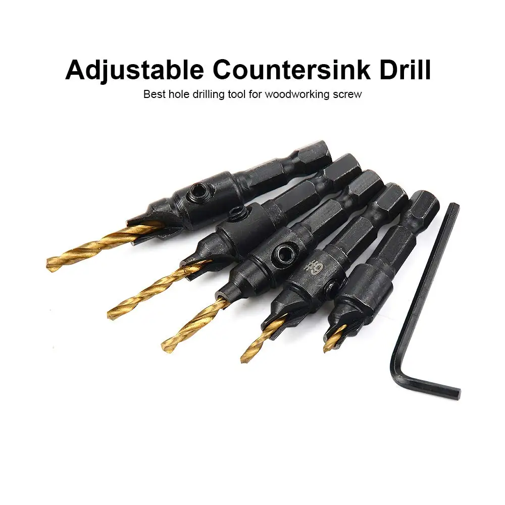 5pcs HSS Countersink Drill Cone Bit Set  Hex Shank For Woodworking Screw Carpentry Reamer Chamfer