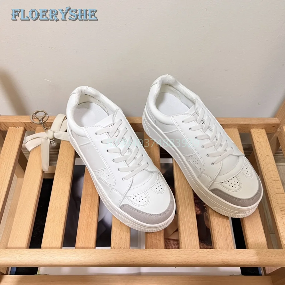 Thick Lace-up Sneakers Splicing Mixed Color White Platform Women Sport Shoes Height Increasing Concise Fashion 2024 New Arrival