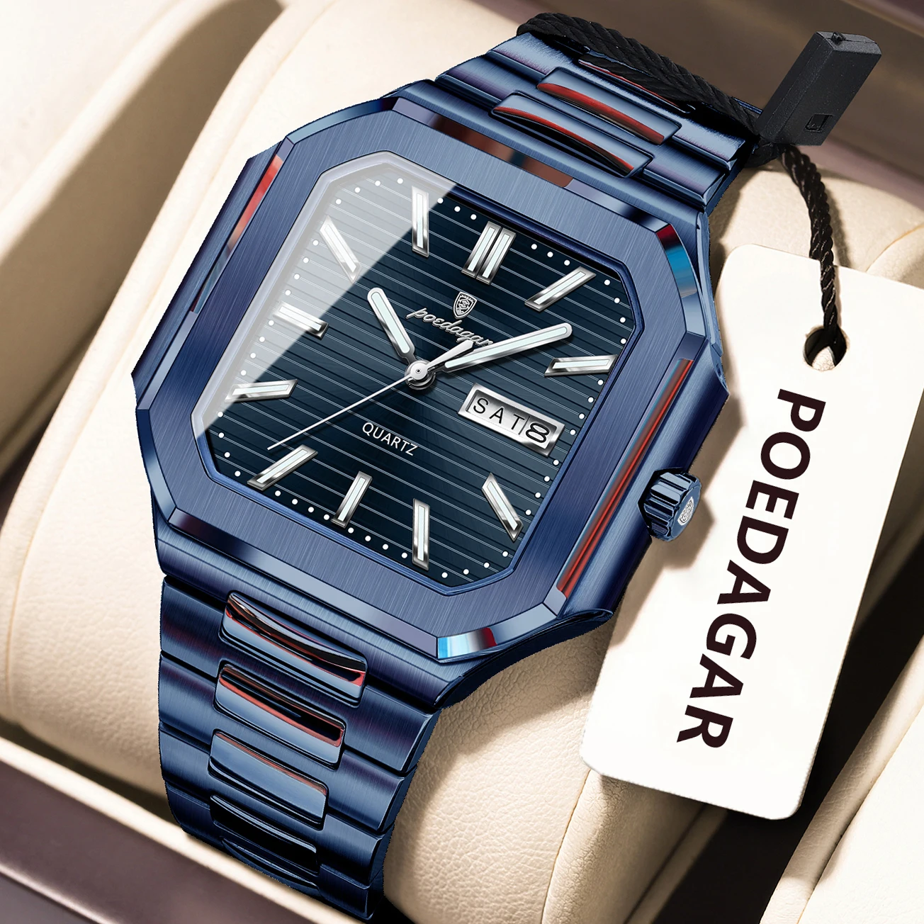 POEDAGAR Top Luxury Brand Male Watch Waterproof Luminous Date Week Quartz Men's Watches Stainless Steel Fashion Square Men Watch