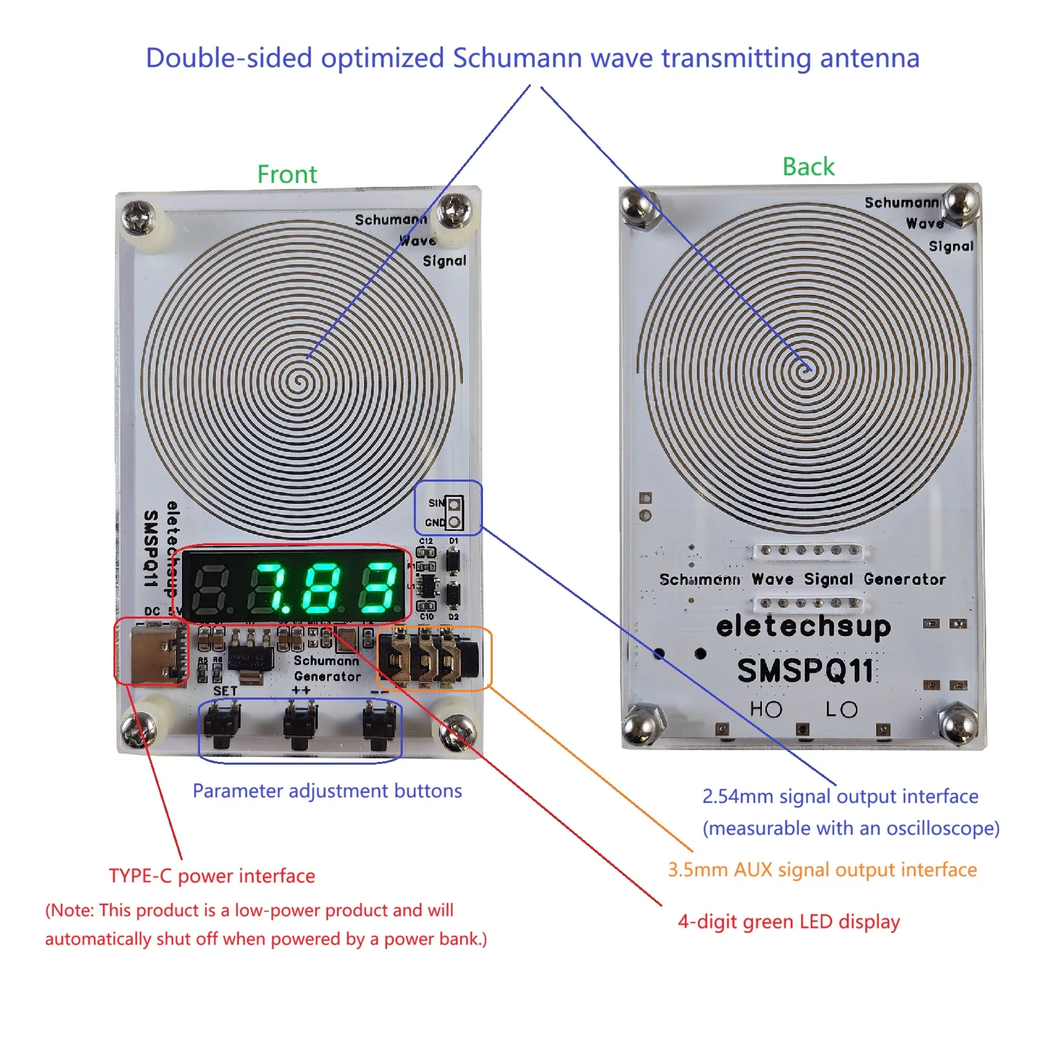 SMSPQ11 ULF Schumann Resonance Signal Generator 7.83Hz 0.01-9999Hz Pure Sine Wave DC5V Type-C 3.5mm Audio Output