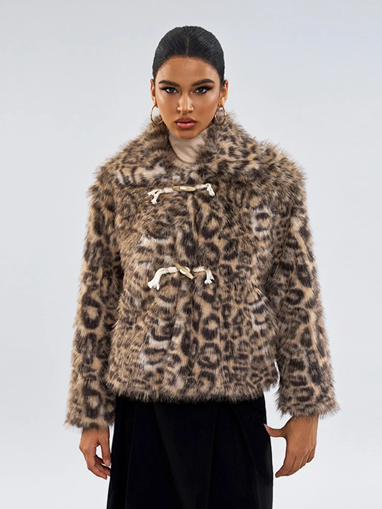 ZADORIN Fashion Winter Retro Oversized Leopard Print Horn Button Faux Fur Coat Woman Lapel Fluffy Faux Fur Jacket Woman Clothing