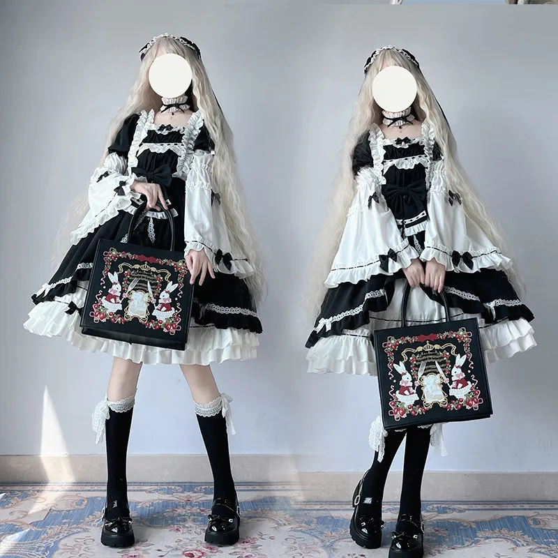 French Retro Lolita Girl Handbag Square Romantic Afternoon Tea Printed Western Cuisine Rabbit Bag Strawberry Ribbon Shoulder Bag