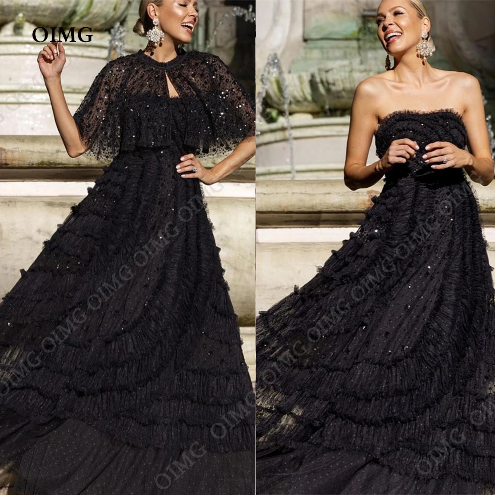 

OIMG Black A Line 2 Pcs Prom Dresses Tulle Ruched Tiered Glitter Tulle Long Evening Dress Dubai Vestido De Noche Party Gowns