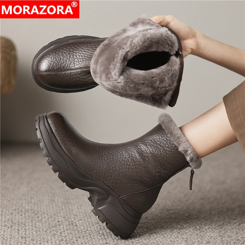 

MORAZORA 2026 New Genuine Leather Boots Women Zipper Square Heels Black Brown Nature Wool Warm Platform Ankle Boots Lady Shoes