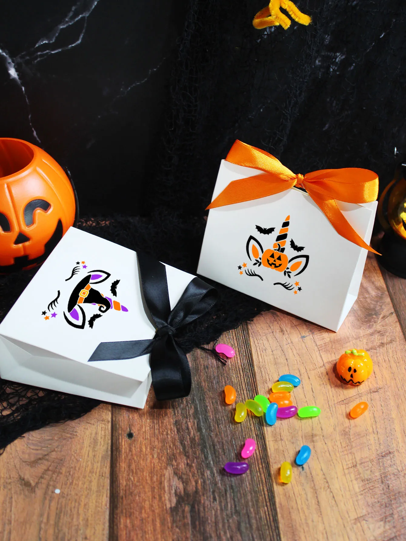 

20/50/100pcs Halloween Candy box Ribbon Witch hat, pumpkin hat Decorate candy boxes Trick or treat if you don't give candy ﻿