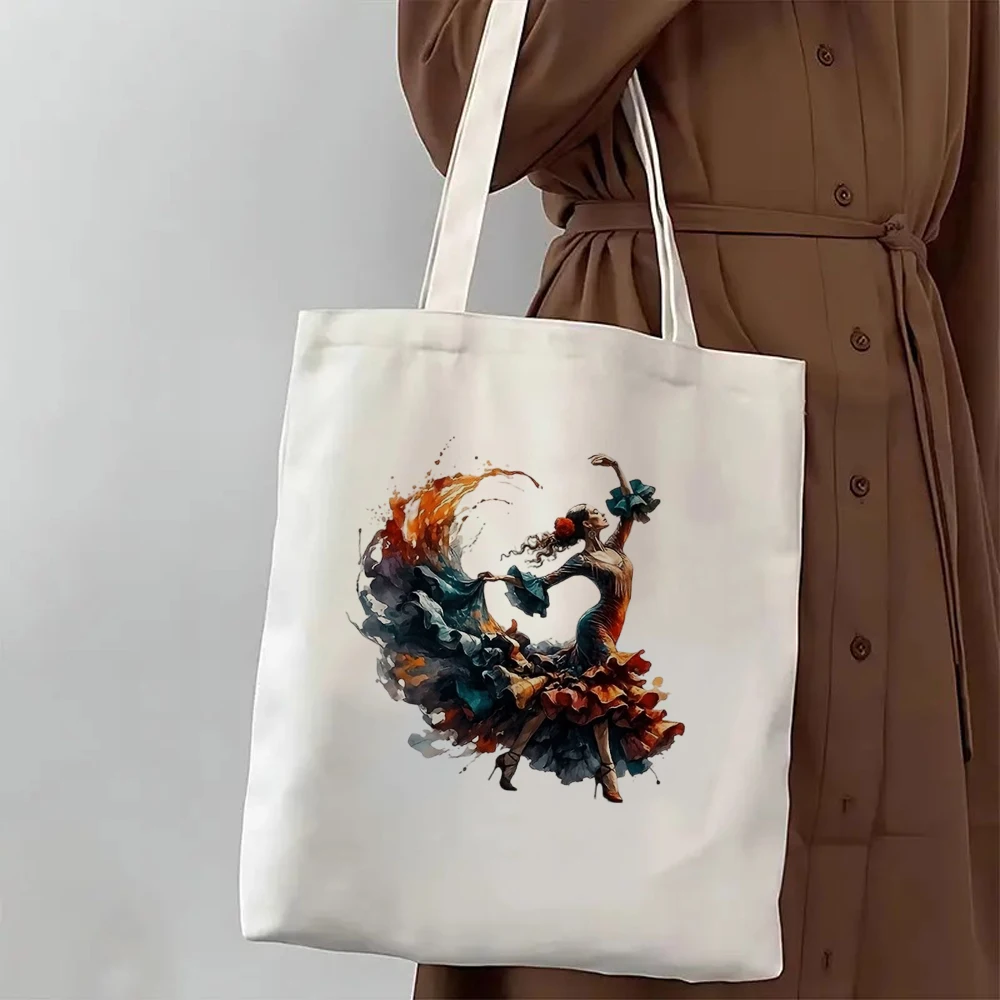 Watercolor Flamenco Dancer Canvas Tote Bag Eco Friendly Reusable Shopping Shoulder Bags Large Capacity Handbag for Women