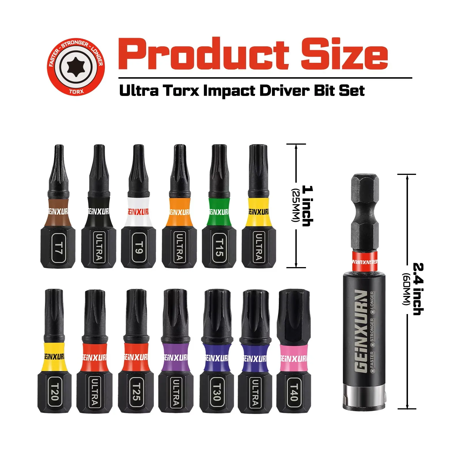 Geinxurn 1In Ultra T7-T40 Torx Impact Bits With 2.36In Holder & Storage Organizer, Marine Boat Hardware