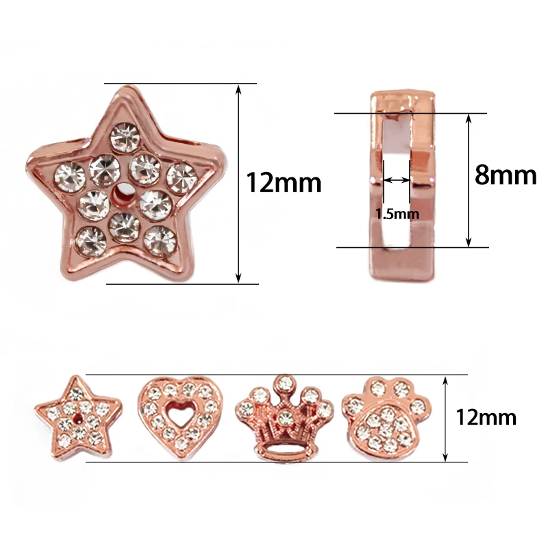 1Pc 8mm Rose Color Slide Charms Heart Crown Dog Paw For Jewelry Making Pet Name Collar Wristband Keychain DIY Accessories