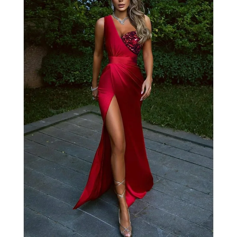 Spring Summer over the Knee Elegant Red High Collar V-neck Adult Temperament Chinese Evening Dress