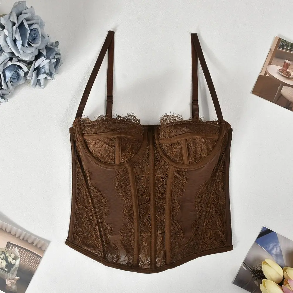 Elastic Hollow Lace Camisole Transparent Slim fit Lace Corset Tanks Sleeveless Crop Tops Travel