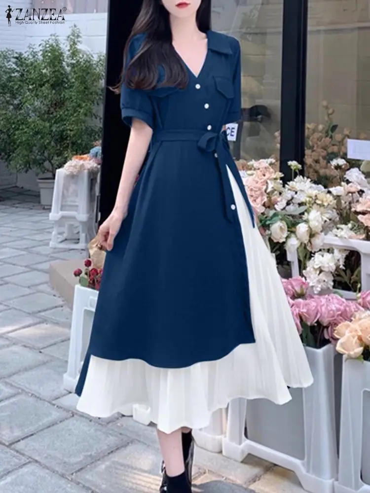 ZANZEA Abiti da festa eleganti Donna Estate Risvolto Patchwork di colore Camicia lunga Abiti con cintura Casual Ufficio Manica corta Midi Robe