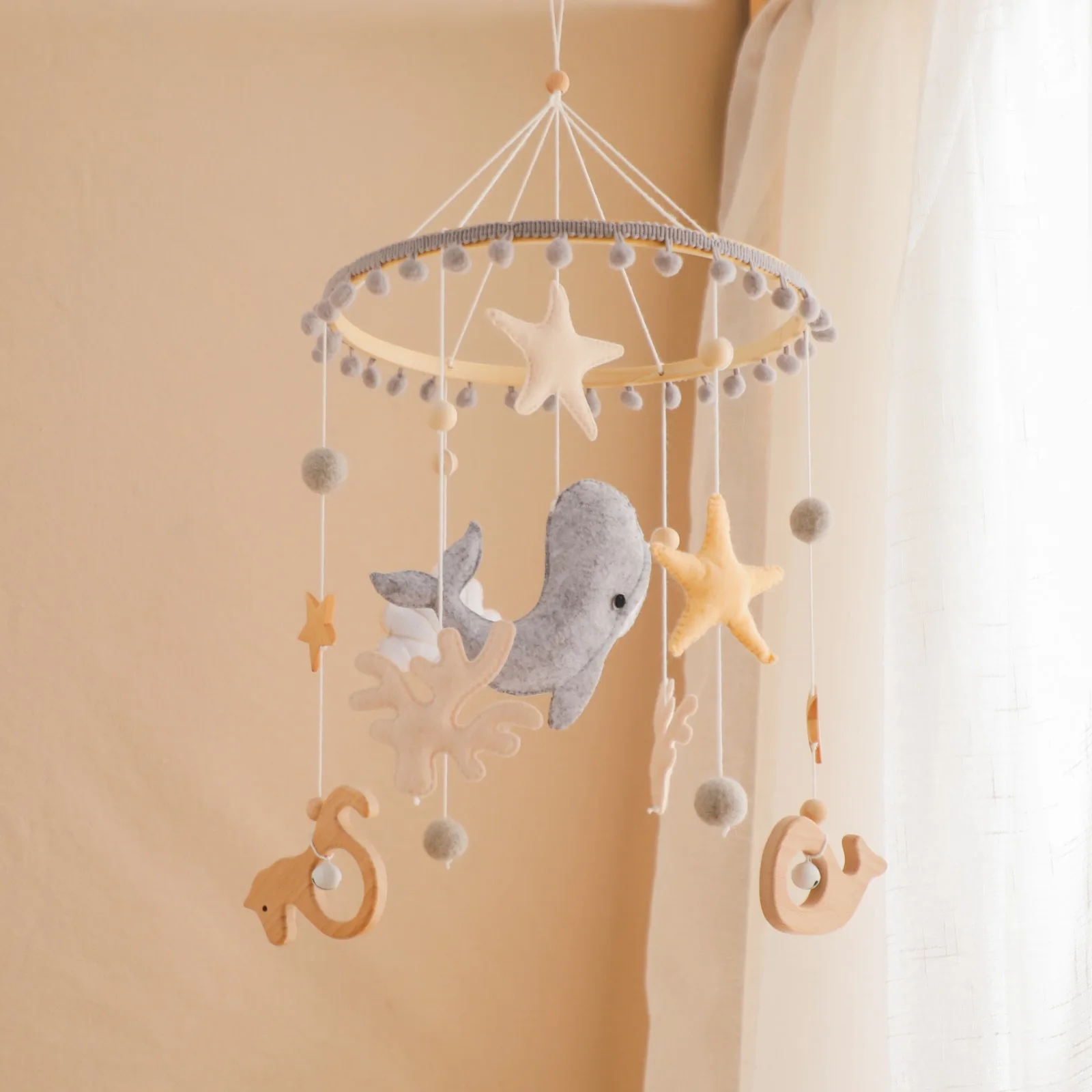 Upgraded Wooden Arch Baby Mobile Holder with Crochet Hanging Rattle Toys for Newborn 0-12 Months Baby Shower Gift