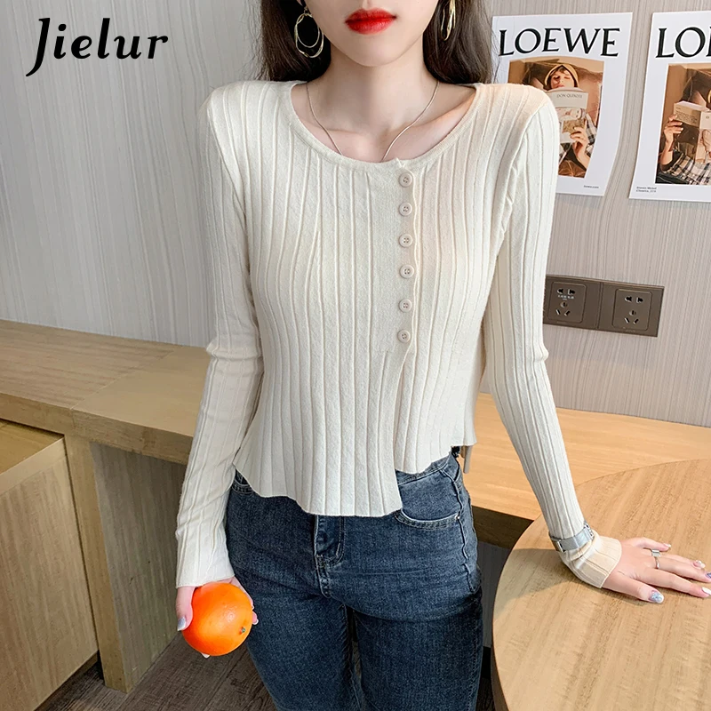 Autumn New Korean Style Cropped Knitwear 4 Colors Slim Women Cardigan Black White Irregular Hem Knitted Sweater Lady Tops