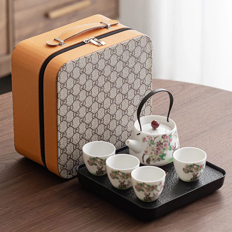 Premium Yangzhi Jade Porcelain Kung Fu Tea Set   1 Teapot, 4 Cups, Dry Tea Tray   Travel Edition