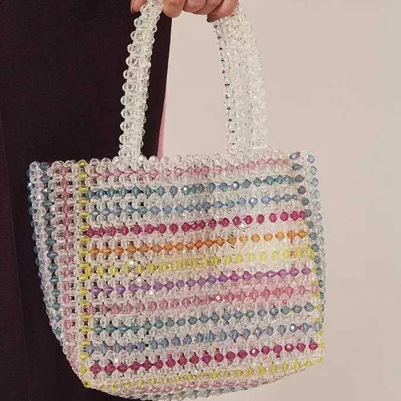 Spring and Summer Multicolor Beaded Clear Bags for Women Rainbow Color Large Capacity Purses Handbags Acrylic Beaded Handmade