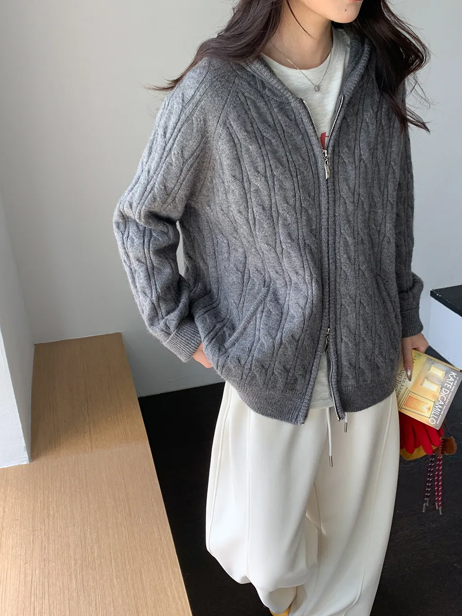 Mantel sweter berkerudung Fried Dough Twists ritsleting ganda desain baru awal musim gugur