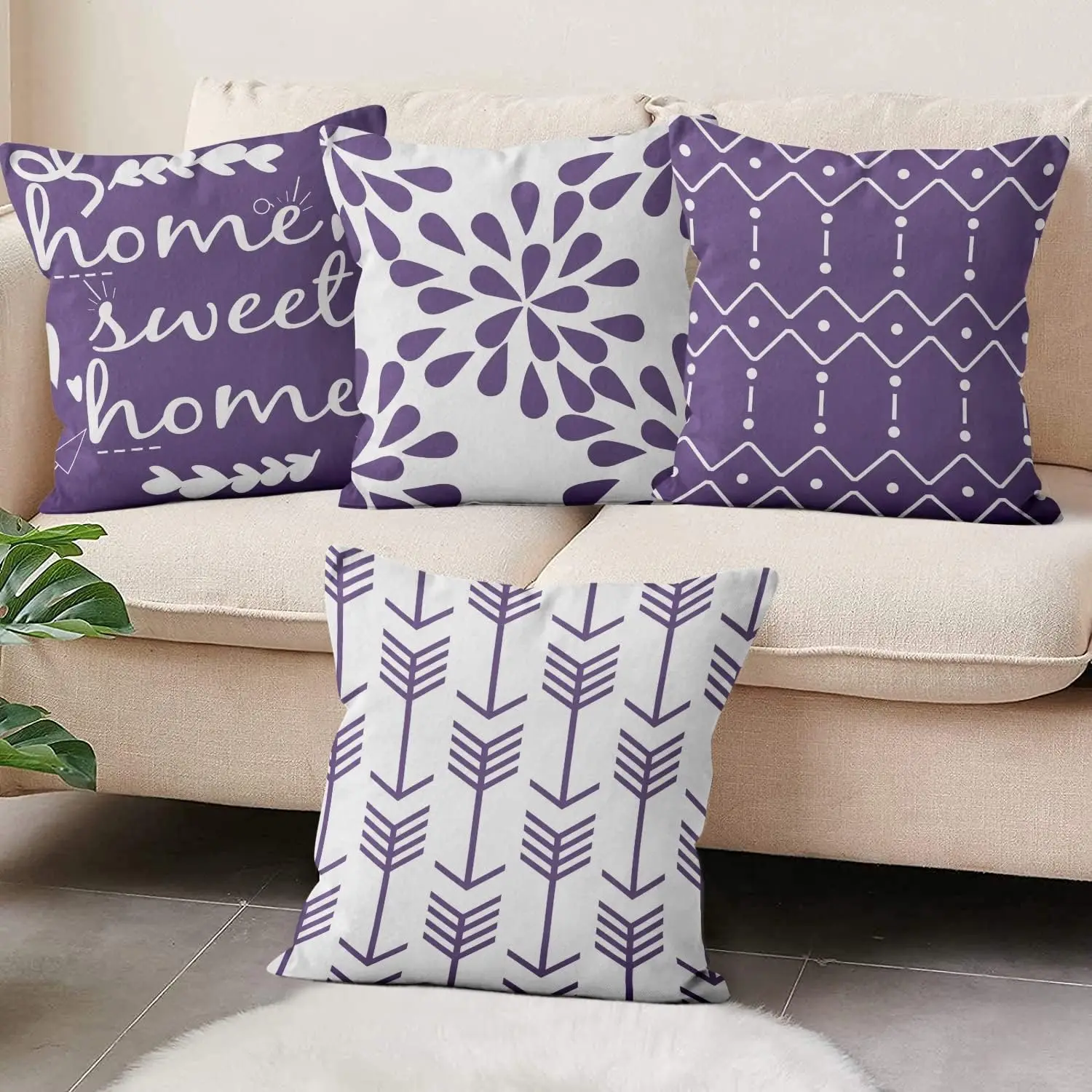 4pcs Purple White Modern Home Sweet Home Printed Pillow Cover Polyester Cushion Case 2D Flat Decor Now
