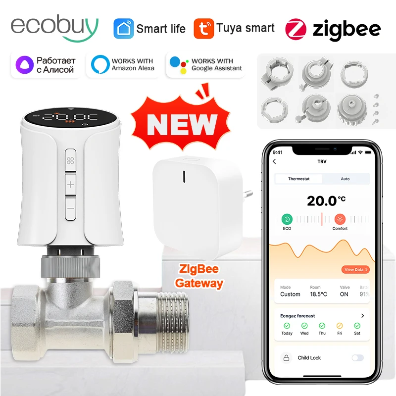 Tuya Smart Wifi/ZigBee Thermostatic Radiator Valve TRV Programmable App Remote Temperature Controller with Alexa Google Home