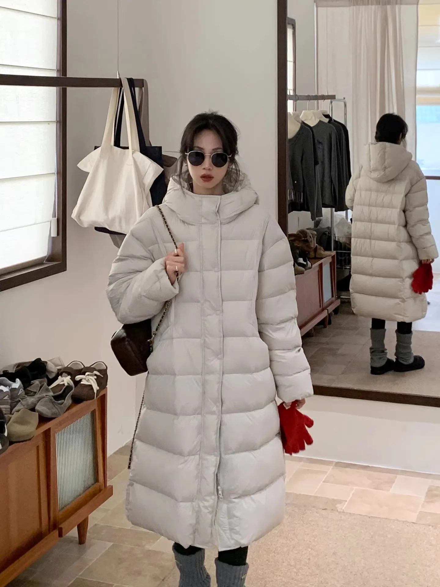 

BRIVIN Корейское белое пуховое пальто с капюшоном для женщин, утепленное, длинное, ниже колена, повседневное, на молнии, Duc...