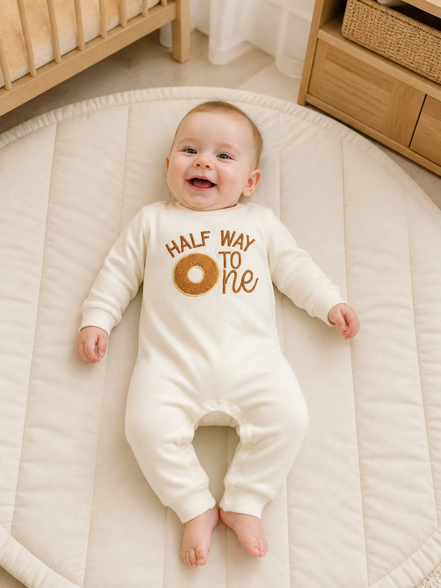 Baby Half Birthday Romper Jumpsuit Long Sleeve Crew Neck Donut Embroidery Snap Crotch Infant One‑Piece Outfit For 3‑12M 2