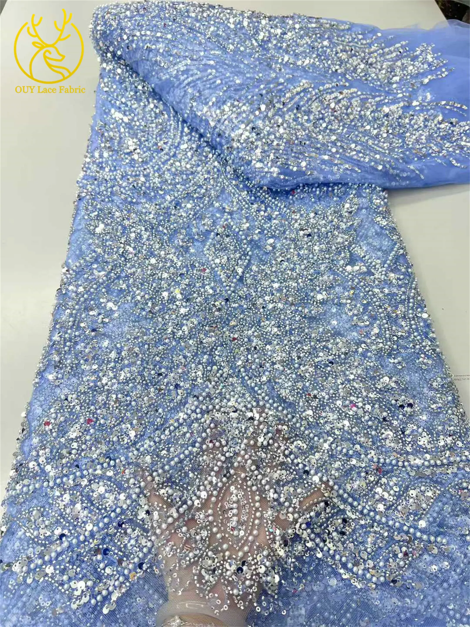 Tela de encaje africana de lujo dorada con cuentas hecha a mano 2026, tul de lentejuelas francesas de alta calidad para costura de vestidos de fiesta de boda