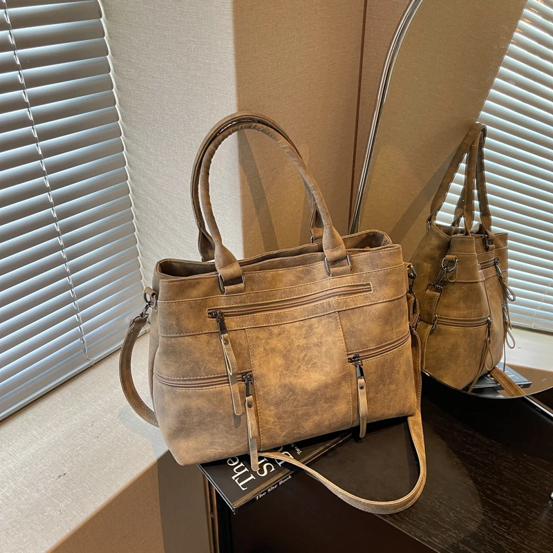 Vintage Multi Pockets Tote Bag Large Capacity Soft Faux Leather Handbag Casual Office Detachable Strap Crossbody Bag