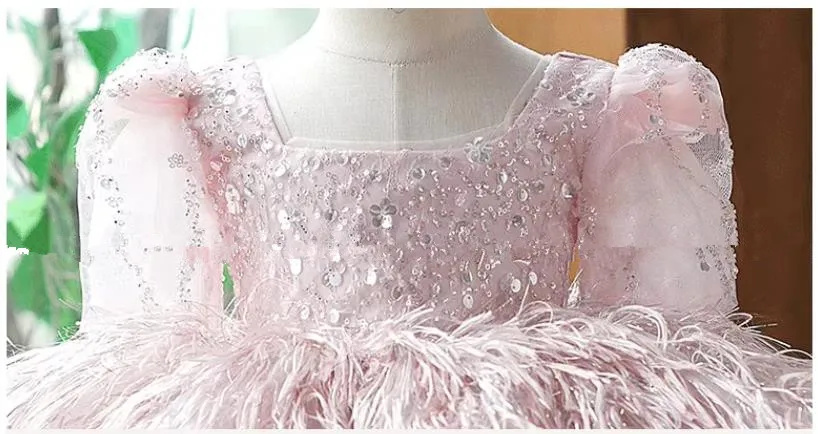 New Children\'s Princess Evening Gown Sequin Feather Stitching Design Wedding Birthday Baptism Eid Party Girls Pink Dresses A3331