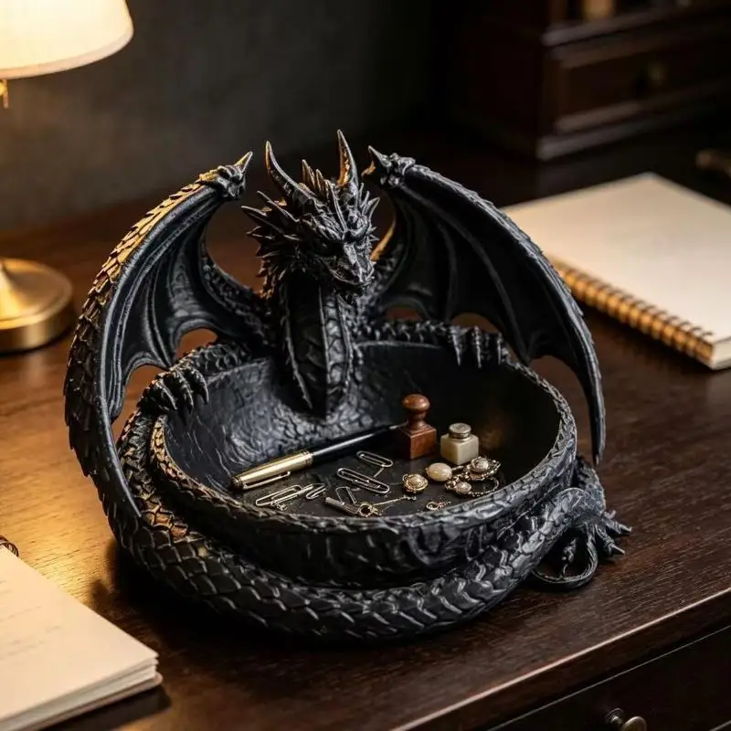 3D-gedrucktes Drachenförmiges Schmucktablett, Einzigartige Drachen-Schmuckschale im Dunklen Stil, Gotischer Kunststoff-Aufbewahrungshalter für Schlüssel und Münzen – Detail 5