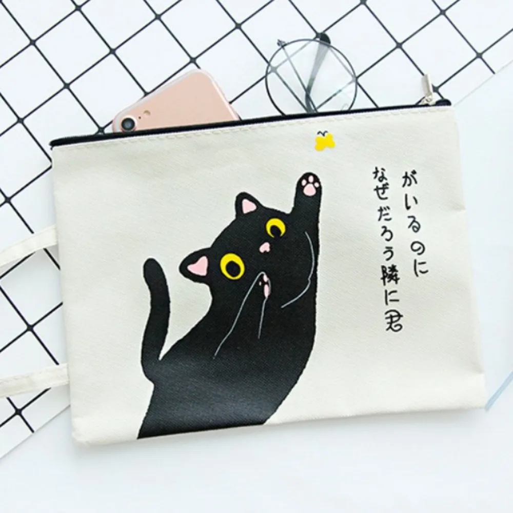 Portable A4 Document Bag Zipper Canvas Paper Storage Bag Cartoon Cat Picture Handbag