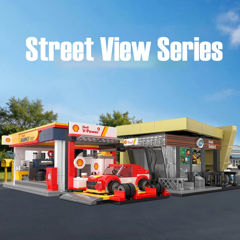 

Конструктор DIY: Модульные здания АЗС, архитектурный набор для сборки магазина с видом на город, модель из кирпичиков, игрушка для взрослых и детей, подарок