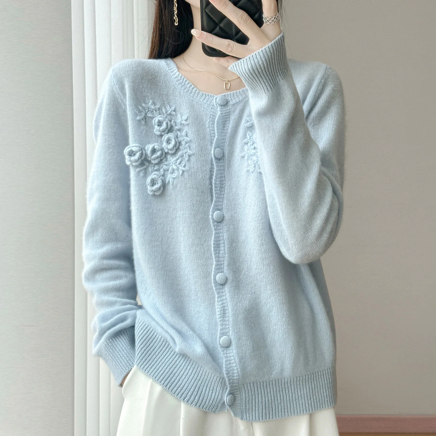 100% Premium Merino Wool Women Sweater Cardigan Elegant O Neck Flower Embroidery Long Sleeve Casual Commuter Loose Fall Winter