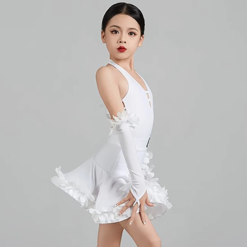 Kids Girls Latin Dance Backless Bodysuit and Flower Split Fishbone Skirts Rumba Dancewear Training Ballroom Competition Costumes