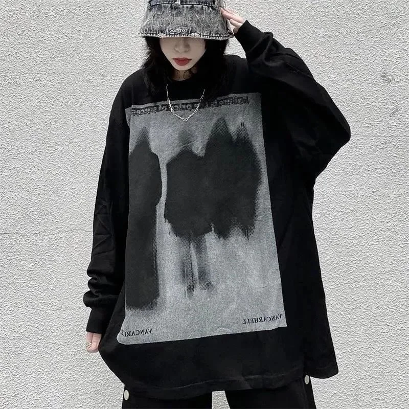 

Женская футболка оверсайз больших размеров с длинным рукавом, весенняя, свободного кроя, повседневная, в уличном стиле, с круглым вырезом, с принтом, окрашенная, свободного кроя