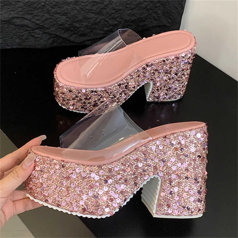 

Eilyken Summer Platform Open Toe Women's Slippers Designer Sequin Cloth PVC Transparen Square High Heels Banquet Party Shoes