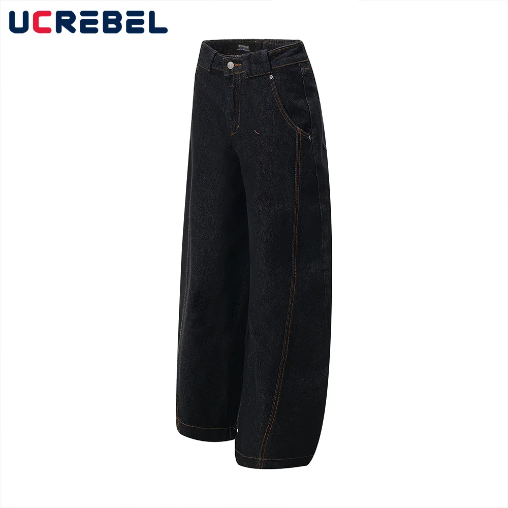 Top Stitch Denim Pants Mens High Street Pocket Wide Leg Washed Black Jeans Men Baggy Trousers