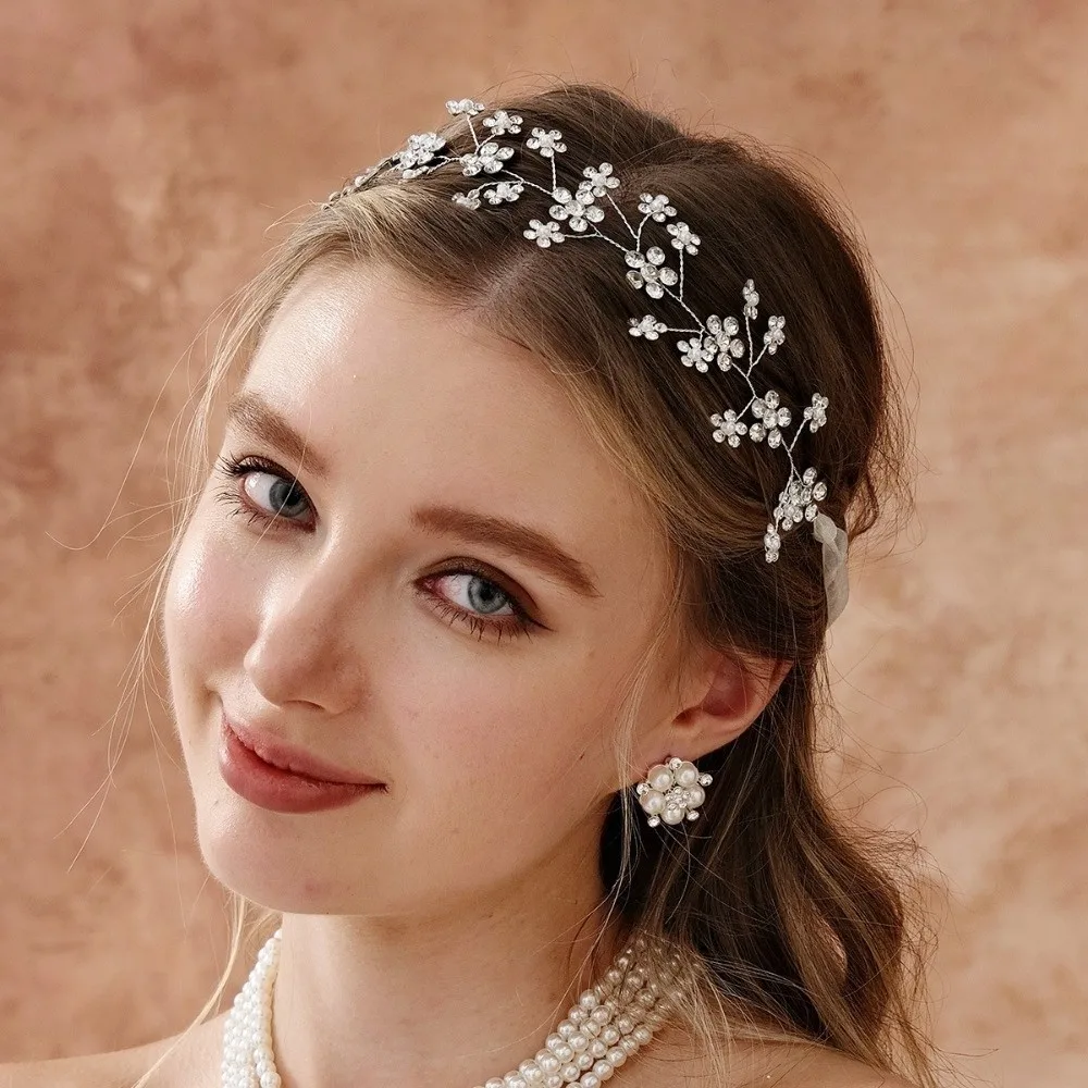 

Элегантный головной убор невесты со стразами, сверкающая повязка на голову с цветком и бисером, свадебные аксессуары для волос ручной работы, украшения для волос