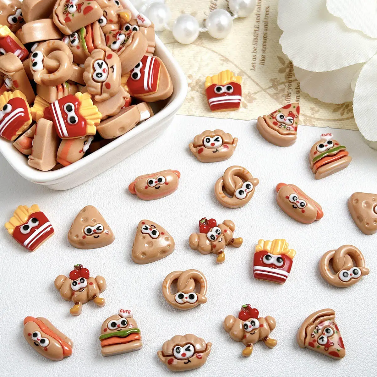 

20Pcs Cute Cartoon Resin Bread Burger Nail Charms Pizza Cheese French fries Nail Art Decoration Handmade DIY Crafts Accessories