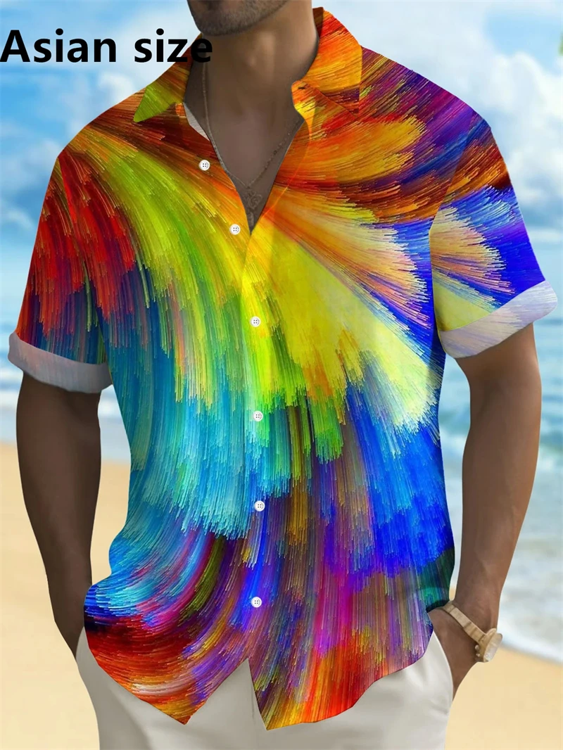

New Hawaii Summer Fashion Men Shirts 3d Printed Colorful Rainbow Graphic Short Sleeve Button Shirt Oversize Y2k Unisex Blouse