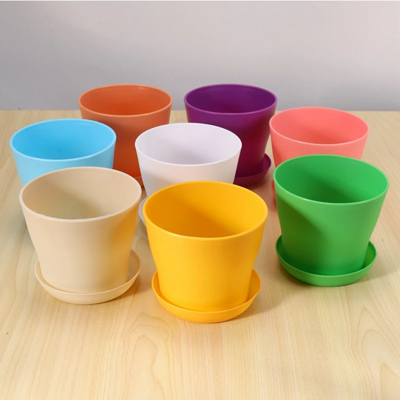 8 Pcs 4 Inch Small Plant Pots Colorful Plastic Flower Pots Indoor Plant Pots For Office House Desk With Pallet/Trays (Blue,Purpl