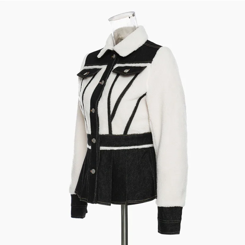 ANJY Autumn Winter New High Street Ins Contrast Color Patchwork Denim Pockets Turn-down Collar Single Breasted Ruched Coat A8021