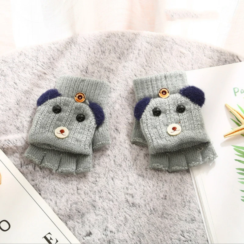 Nuovi guanti invernali per bambini guanti in maglia con orso carino imitazione Cashmere scrittura guanto da equitazione Flip Cover mezze dita guanto