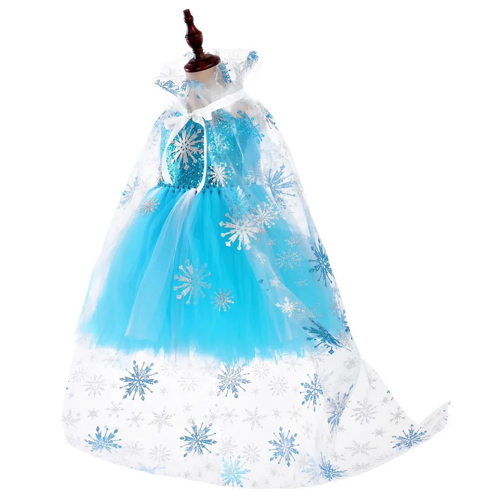 Skyblue Sequins Elsa Princess Dress Up Costume for Girls Snow Queen Ballet Tutus with Cloak Crown Kids Christmas New Year Outfit