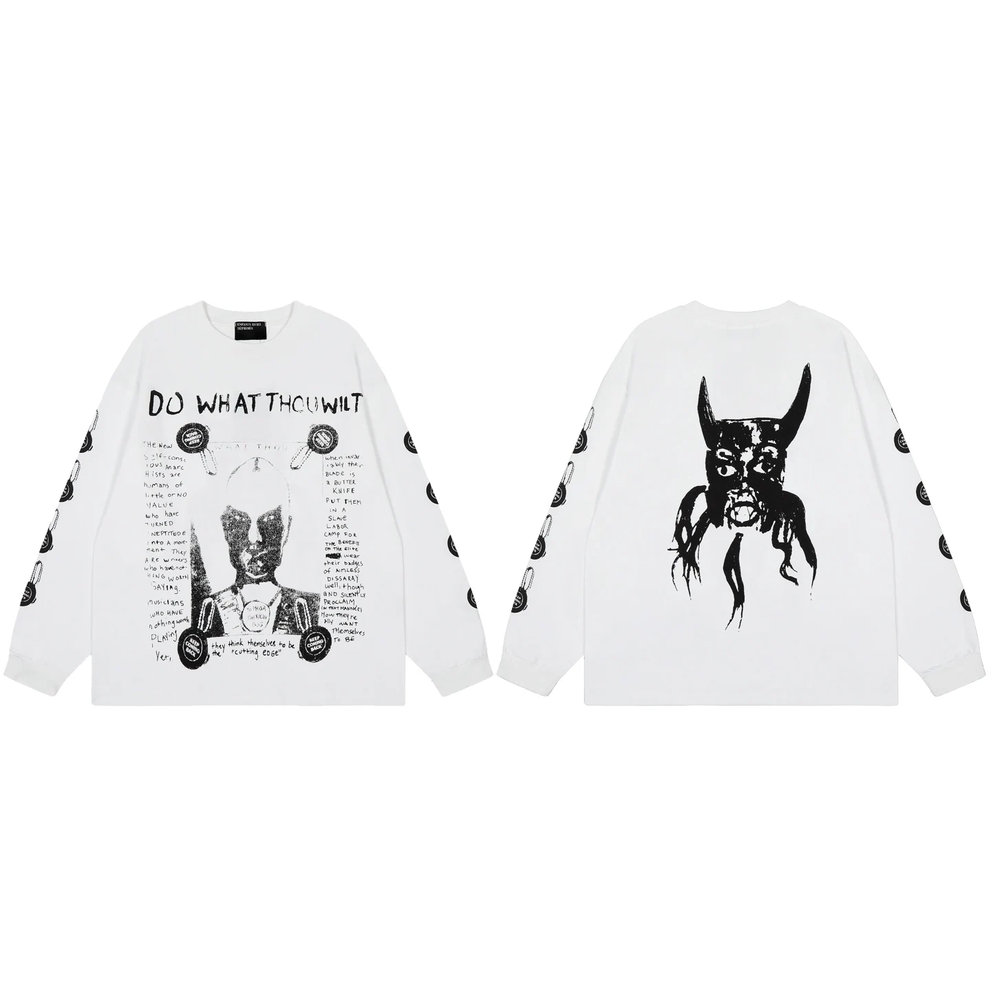 Men Women Long Sleeve T-shirt Vintage Retro Masked Ogres Pattern Front Back Full Sleeve Print Oversized Unisex Streetwear Tops