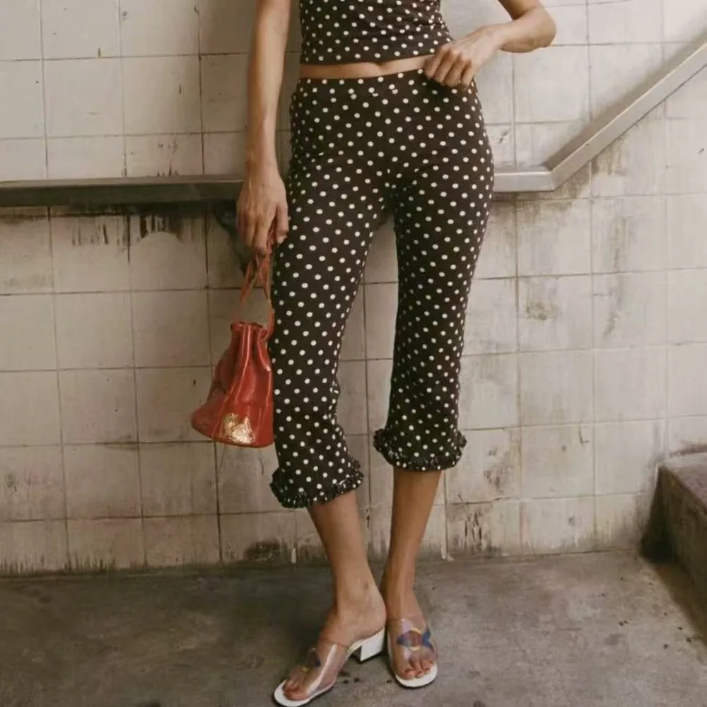 High Waist Vintage Polka-Dot Pants Ruffles Casual Slim Harajuku Trouser Summer Harajuku Office Lady Commuter Pants Retro Casual