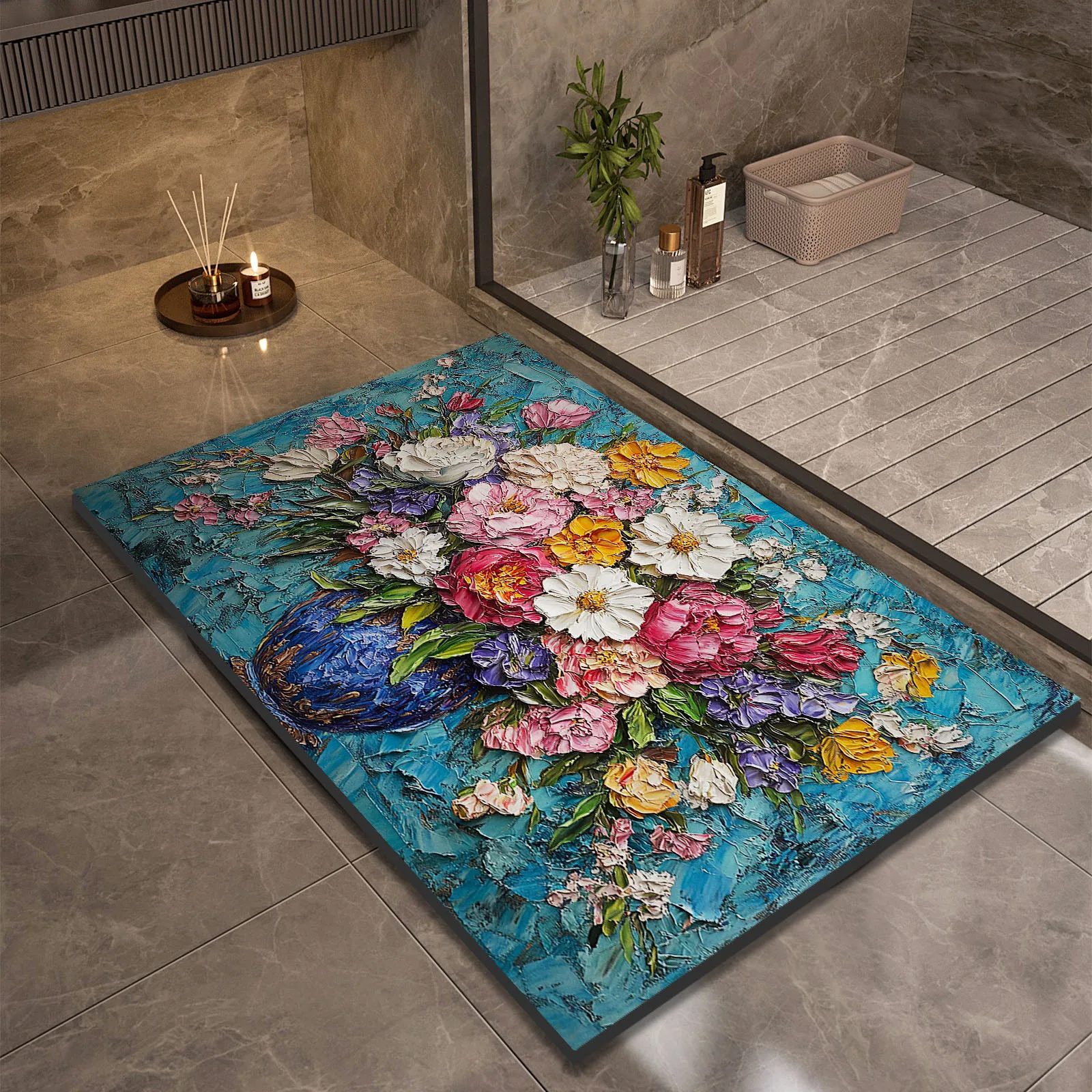 Retro Flower Printed Bath Mat Diotomite Bathroom Carpet Anti Slip Retro Shower Rug Absorbent Floor Foot Mats Quick Dry Washable