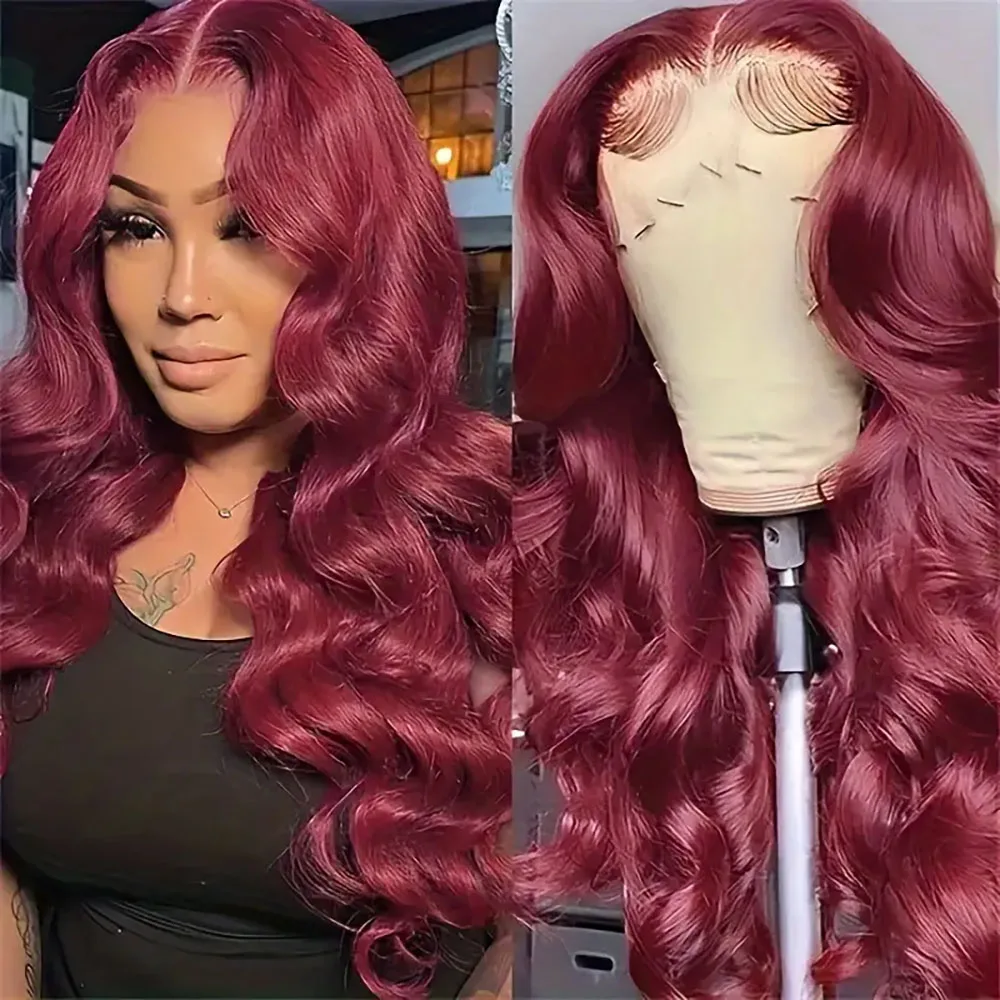 Wig Depan Renda Gelombang Tubuh 13 × 4 Rambut Manusia Merah Marun dengan Kepadatan 220 Warna Merah Transparan Wig Frontal Renda Pra Pencabutan untuk Wanita 99J