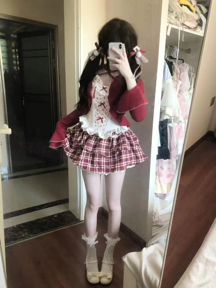 

Korean Fashion Women's Suit Sweet Lolita 3 Piece Sets Red Versatile Cardigan + Lace Vest Tops + Plaid Short Skirt Woman Outfits