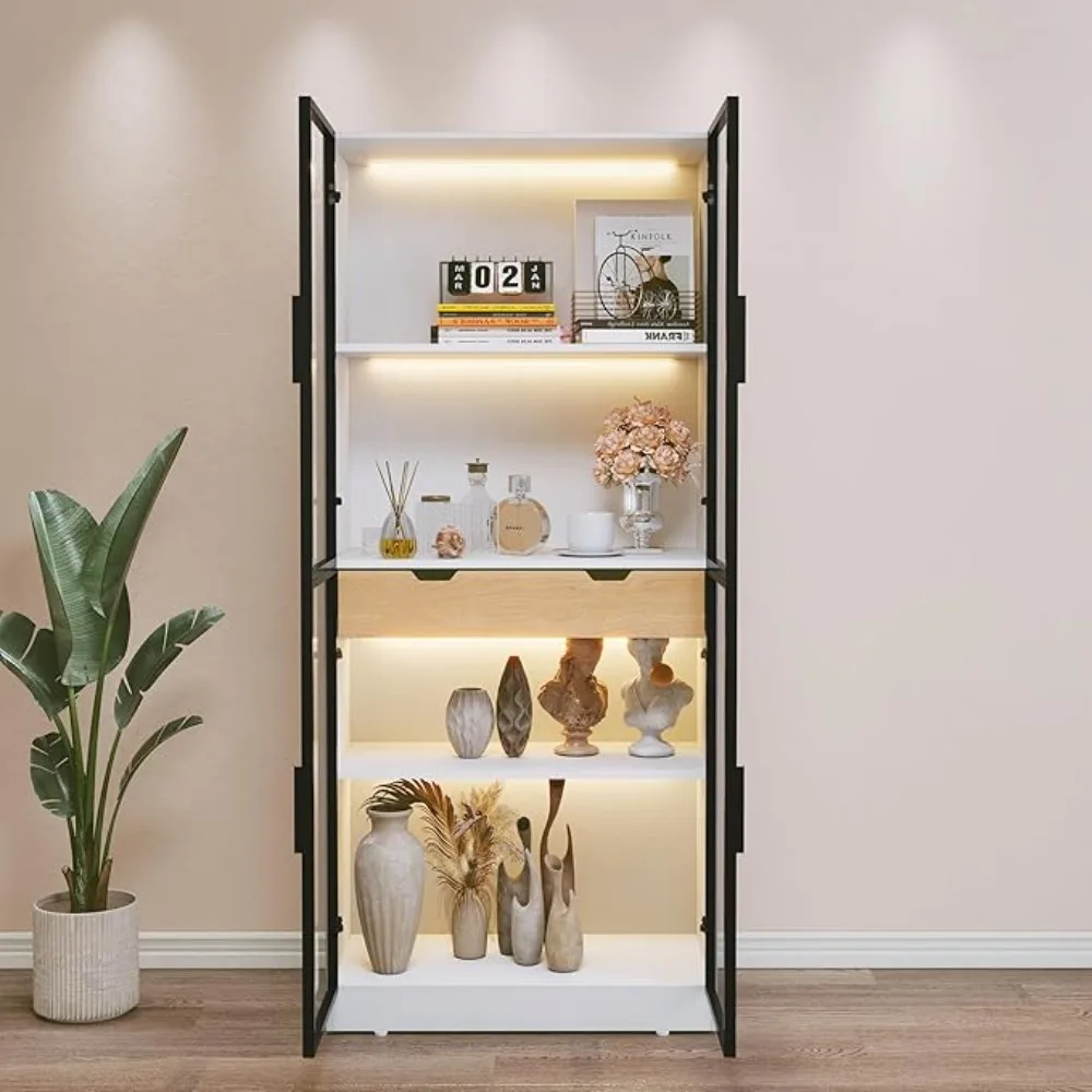 HLR Display Cabinet with Glass Doors, Tall Storage Cabinet with 3 Color Lights, Curio Display Case with 4-Tier Storage