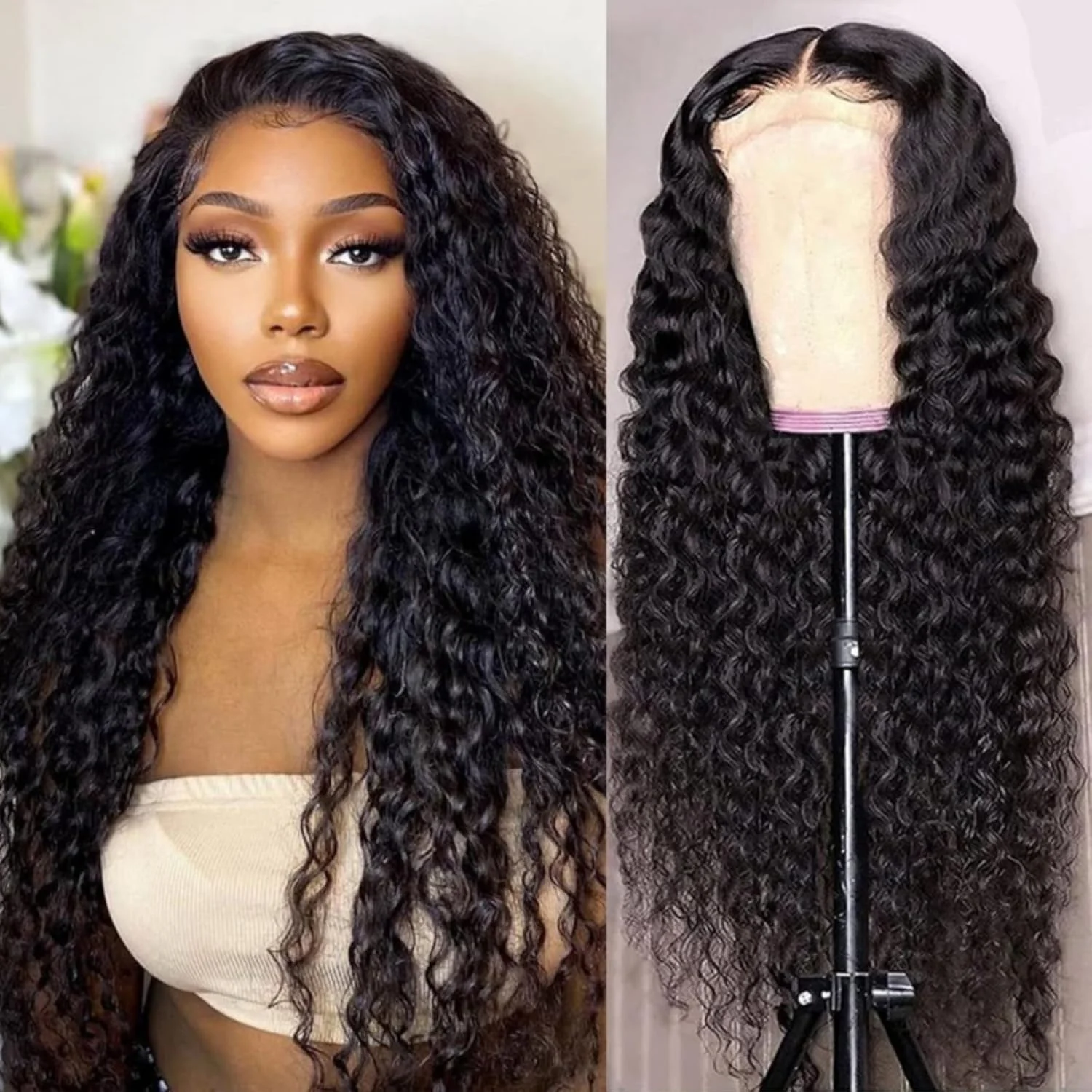 

13×4 Pre Plucked 200 Density Lace Front Human Hair Wigs 1B Deep Wave Human Hair Wigs Transparent Lace Frontal Wigs