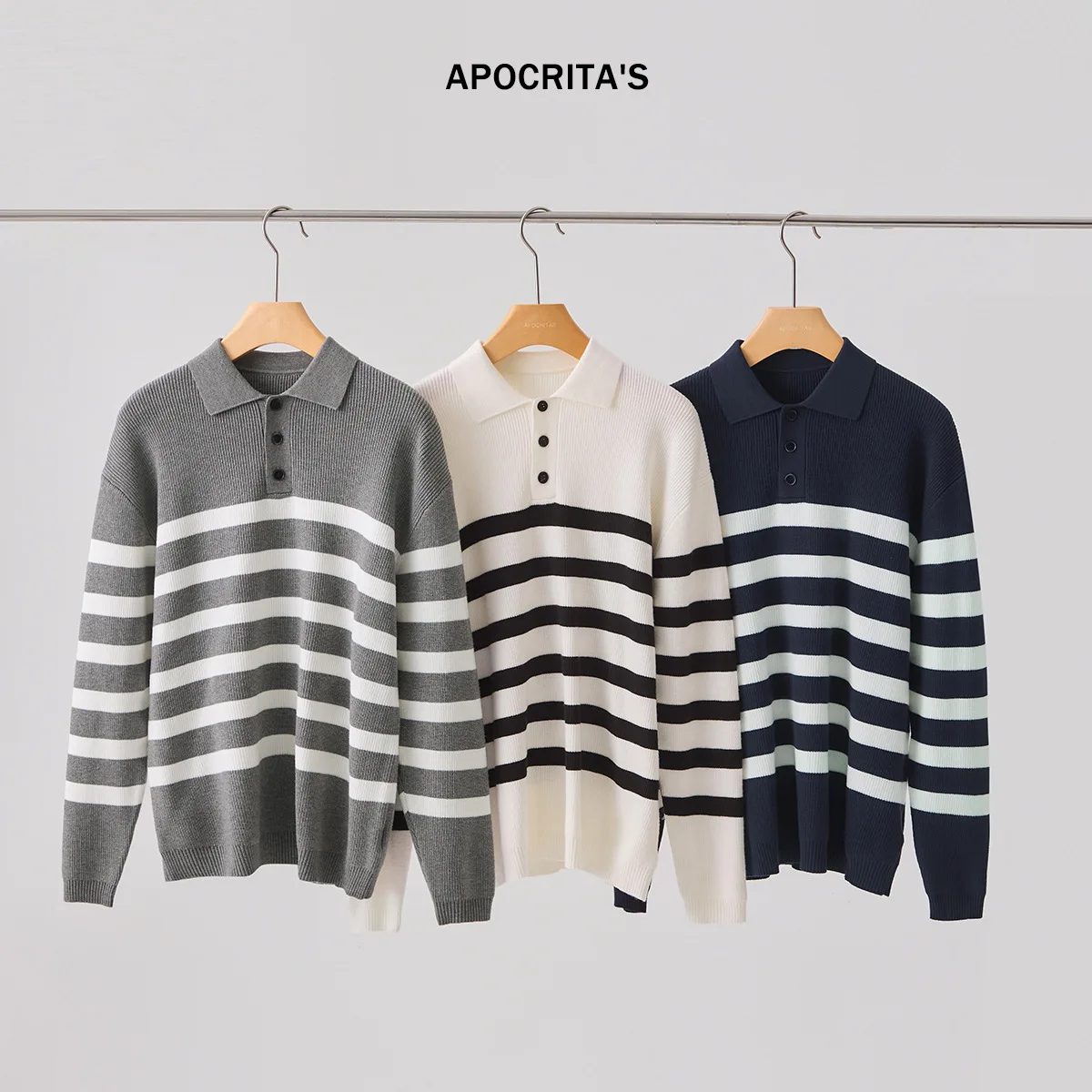 

Мужской повседневный топ свободного кроя с длинным рукавом, вязаный, с воротником, в полоску, цветной, комфортный, дышащий, модный, для ежедневной носки